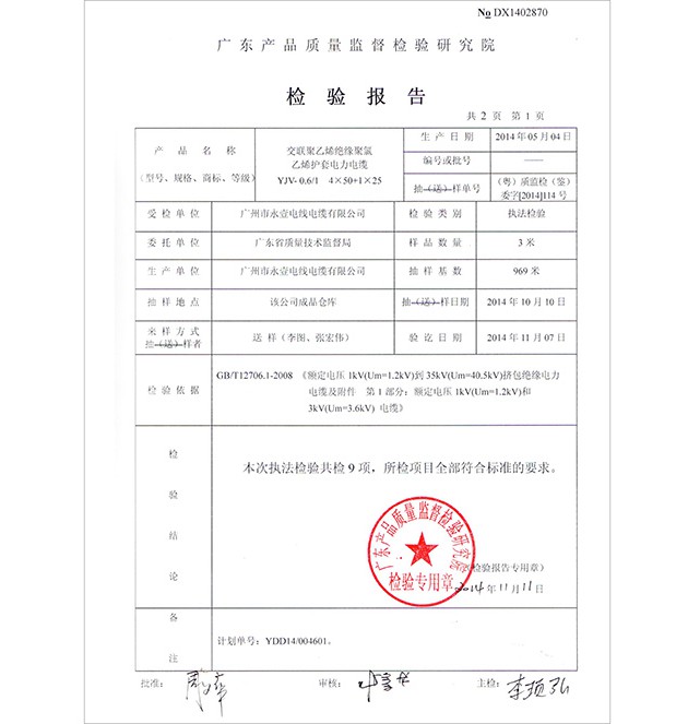 檢驗(yàn)報(bào)告YJV-0.6/1 4X50+1X25